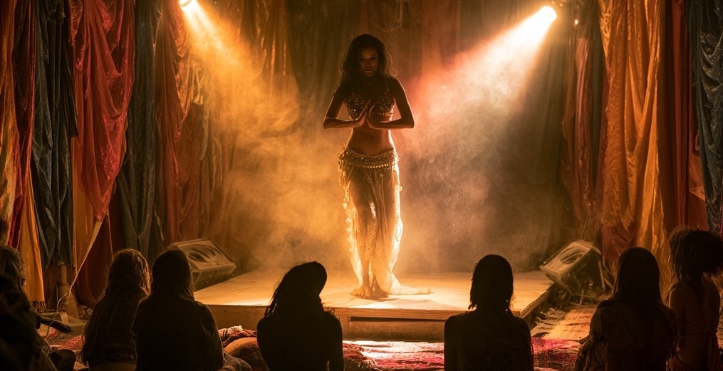 A belly dancer center stage, hands at her chest, surrounded by warm dust-cone backlighting and richly draped fabrics, with audience silhouettes seated close