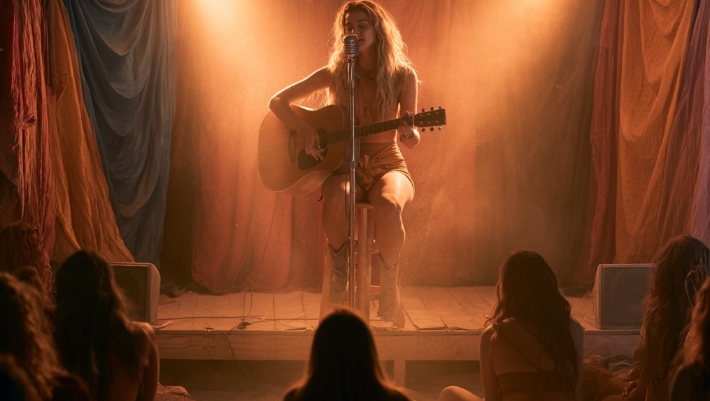 A solo singer-songwriter on a stool with an acoustic guitar, lit warmly on a low stage with the audience close on rugs
